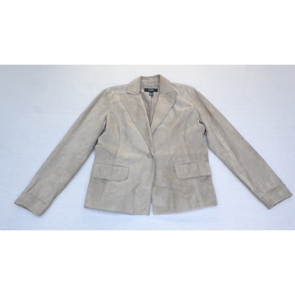 Alfani Vintage 90s Womens L Leather Blazer Taupe Scalloped Whipstitch Lined